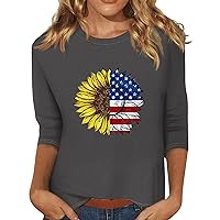 Women 3/4 Sleeve Tops 2024 Summer Fashion Sunflower Round Neck Tunic Tops Casual Vacation Funny Graphic Tees Shirts