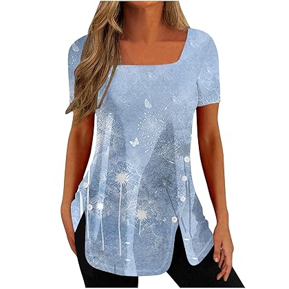 Womens Floral Tshirts Square Neck Tops Tee for Women Short 3/4 Length Sleeve Fall Summer Tee Shirt 2024