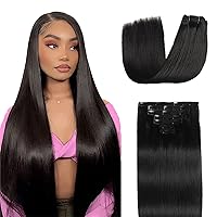 Clip in Hair Extensions Real Human Hair #1 Jet Black Clip ins for Women Soft Double Weft Hair Extensions Straight Thick Invisible Hair Extensions 7pcs 80g (18in #1)