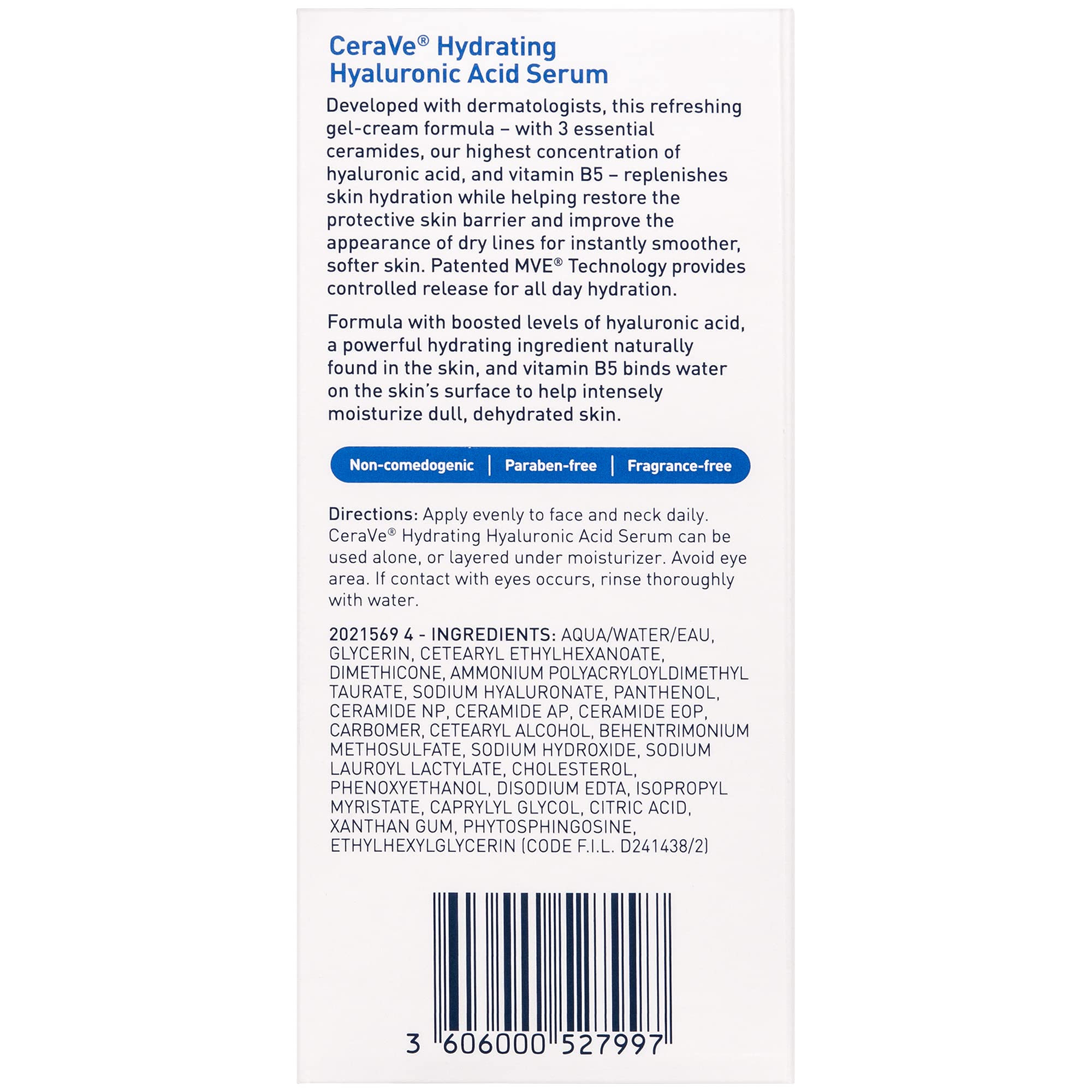 Cerave Hyaluronic Acid Serum for Face with Vitamin B5 and Ceramides | Hydrating Face Serum for Dry Skin | Fragrance Free | 1 Ounce