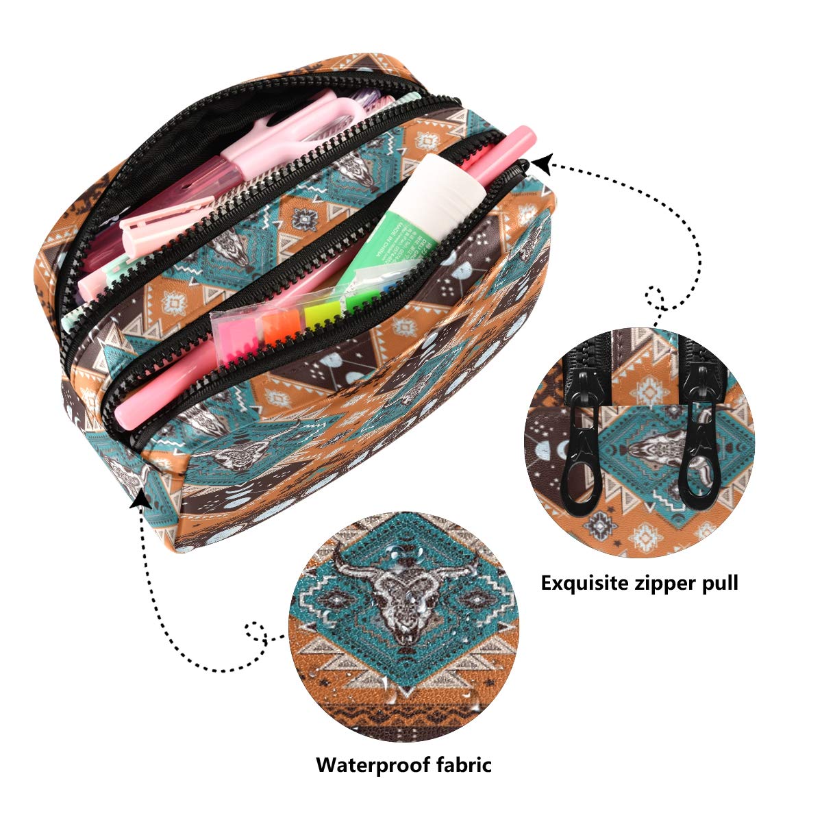 ALAZA Indian Tribal Aztec Ornament Geometric Pattern with Skulls Cosmetic Bag Leather Pencil Case Waterproof Portable Travel Makeup Pouch with Zipper for Women