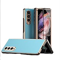 Case for Samsung Galaxy Z Fold 3, Luxury Matte Metal Back Cover Hybrid Plating Cover with Screen Protector Thin Slim Fit Cover for Galaxy Z Fold 3,Blue