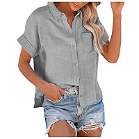 Women's Tops Fashion Shirt Solid Color Short Sleeved Lapel Button Up Shirt Top, S-XL