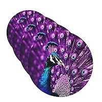 Drink Coasters with Holder Leather Coasters Set of 4 Purple Peacock Round Coaster for Drinks Tabletop Protection Cup Mat Pad for Home and Kitchen Coaster Set for Home Decor 4 Inch