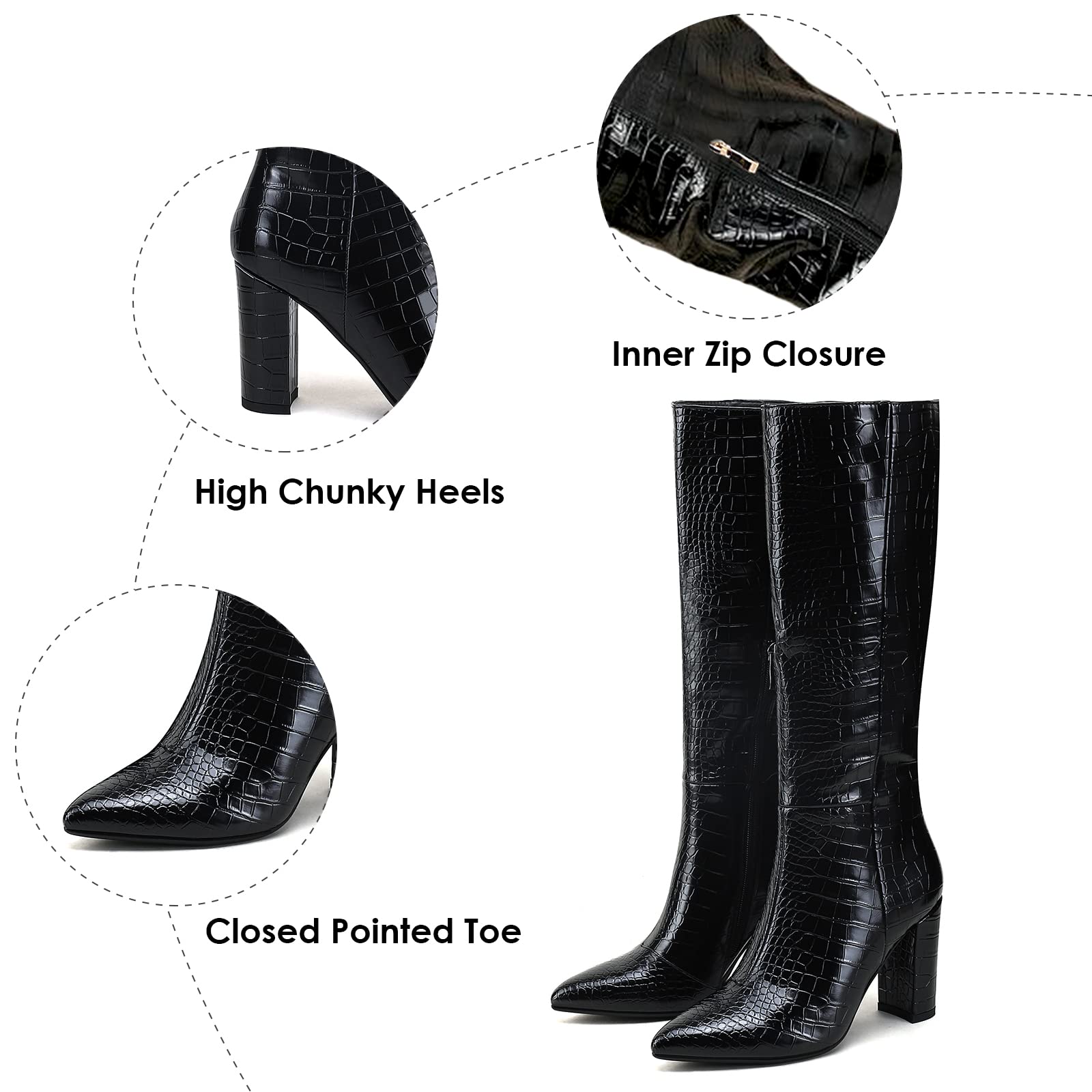 Modatope Knee High Boots Women Riding Boots for Women Tall Boots Long Boots Calf High Boots GoGo Boots Chunky Faux Crocodile Boots Block Heel Pointed Toe Boots Size 6-11