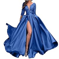 Maxi Dresses for Women 2024 Fall Long Sleeve Sequin Long Dress Sexy V Neck Side Split Evening Party Club Bodycon Dress