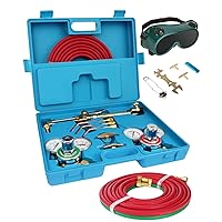 Oxy Acetylene Torch Kit Oxygen Cutting Kits Welding Torch Set Portable Professional Brazing Tool Set with Regulator Gauges Goggles Two Hose & Blue Case