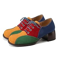 LEHOOR Women Chunky Block Heel Loafer Shoes Round Toe Lace Up Oxford Pumps Colorful Vintage Suede Heeled Oxford Shoes Multicolor Patchwork Fashion Cute Casual Walking Oxford Loafers 4-9.5 M US