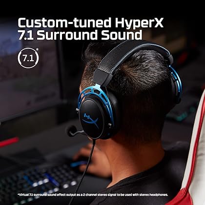 HyperX Cloud Alpha S - PC Gaming Headset, 7.1 Surround Sound, Adjustable Bass, Dual Chamber Drivers, Chat Mixer, Breathable Leatherette, Memory Foam, and Noise Cancelling Microphone - Blue