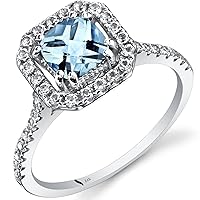 PEORA Aquamarine Ring for Women 14K White Gold with White Topaz, Genuine Gemstone Birthstone, 1.13 Carats total, 6mm Cushion Cut, Halo Design, Sizes 5 to 9