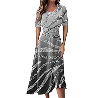 Women's Midi Dress 2024 Elegant Floral Print Short Sleeve Dress V Neck High Waist Boho Beach A-Line Dress