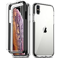 COOLQO Compatible for iPhone X Case/iPhone Xs Cases 5.8 Inch, with [2 x Tempered Glass Screen Protector] Clear 360 Full Body Coverage Silicone [Military Protective] Shockproof Phone Cover - Black