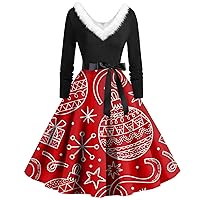 Dresses for Women V-Neck Asymmetrical Dress Homecoming Long Sleeve Christmas Cute Graphic for Winter Dress Regular Fit