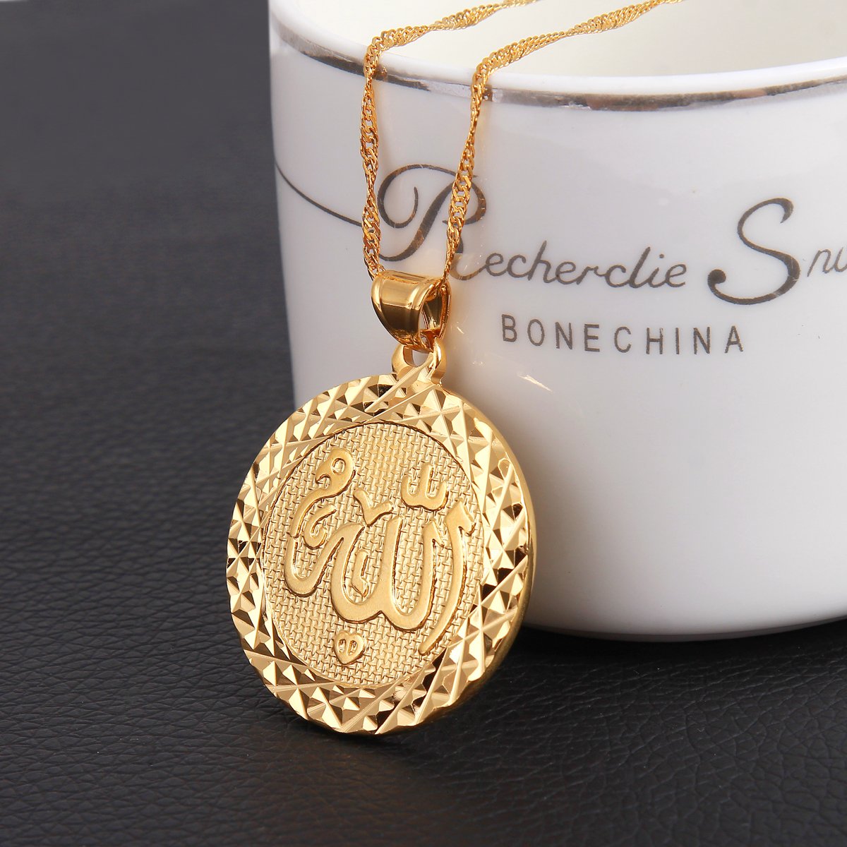 Men Allah Gold Pendant Necklace Link Chain Middle East Charm Islam Round Pendant