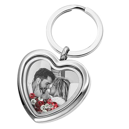 Queenberry Custom Photo Text Engraved Heart Floating Living Locket Crystal Pendant Keychain