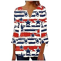 4th of July Button Down Shirts for Women USA American Flag Print Tunic 3/4 Bell Sleeve Stars Striped Blouse Loose Fit Tops