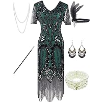 Women's 1920s Gatsby Inspired Sequin Beads Long Fringe Flapper Dress w/Accessories Set