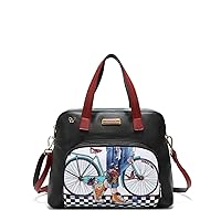 Nicole Lee Nikky Nylon Step by Step Dome Satchel Handbag with2 Zip Compartments, Bicycle Checker Fashion Print, Medium