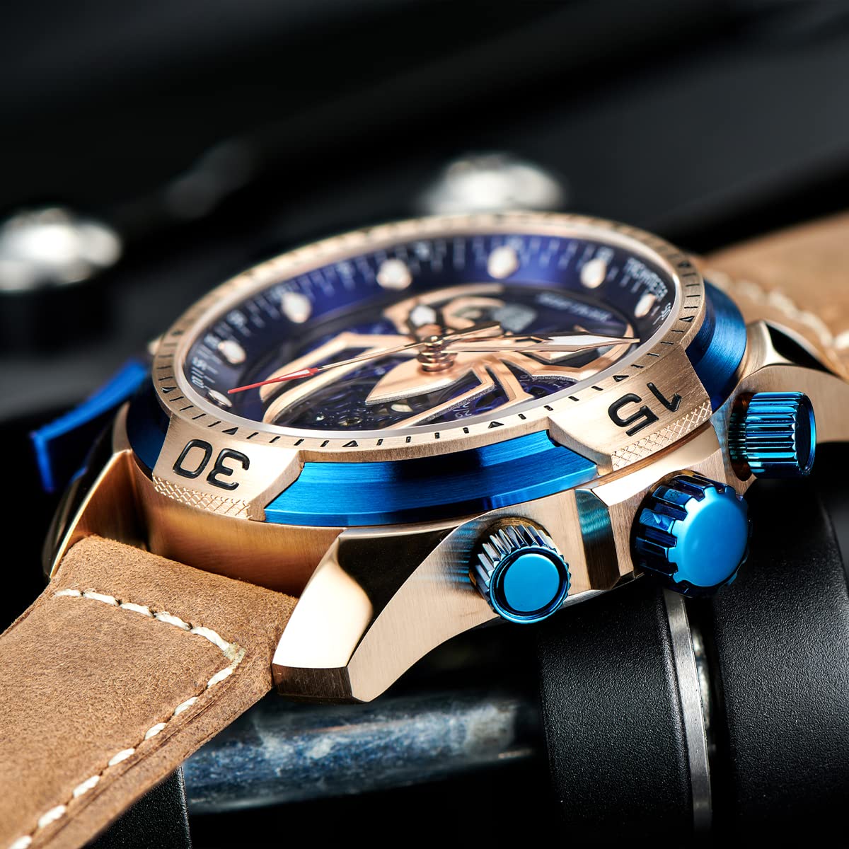 REEF TIGER High-end Luminous Sport Automatic Watch Spider Dial with Year Month Perpetual Calendar Leather Mechanical Watches RGA3532SP