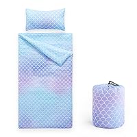 Wake In Cloud - Sleeping Bag Zippered, Nap Mat with Matching Pillow for Kids Boys Girls Sleepover Overnight Travel Slumber Bag, Mermaids Scales in Gradient Purple Blue, 100% Soft Microfiber