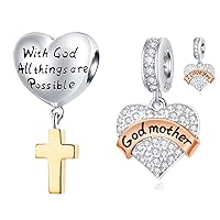 2pcs Set Golden Cross Heart Charms and Godmother Sparkling Love Pendant in 925 Sterling Silver Fit Bracelet