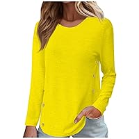 Women's Long Sleeve Workout Tops Casual Fashion Solid Color Round Neck Button T-Shirt Tops Shirt, S-5XL