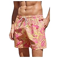 MakeMeChic Men's Swim Trunks Tropical Floral Summer Drawstring Bathing Suit Beach Board Shorts
