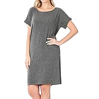 Women's Round Neck Rolled Sleeve Knee Length Tunic Shirt Dress with Pockets (Charcoal, 1X)