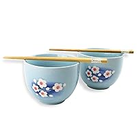 Set of 2 Japanese Porcelain Bowls w Chopsticks Blossom Pattern Soup Ramen Udon Home Decoration F15751