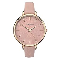 Sekonda Women's 40mm Analogue Rose Gold 3 Hand Quartz Watch with Patterned Pink Dial and Dusty Pink Strap with Rose Gold Buckle and Mineral Glass