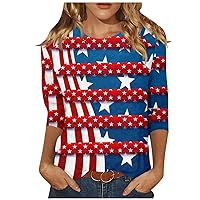 4th of July Shirts for Women Independence Day Star Stripes Print Tops Three Quarter Sleeve Blouses Graphic Tees