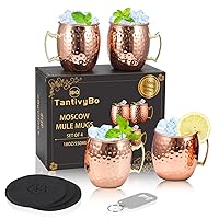 TantivyBo Moscow Mule Mugs Set of 4, 100% Copper Cups Handcrafted Mugs - 18 Oz Food Safe Pure Copper Moscow Mule Gifts Set for Womens & Mens