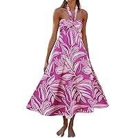 Women's Summer Trendy Vacation Dresses Halter Neck Sleeveless Backless Flowy A Line Floral Print Boho Maxi Dress