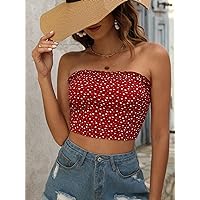 Women's Tops Sexy Tops for Women Heart Print Frill Trim Tube Top Women's Shirts (Color : Burgundy, Size : X-Small)
