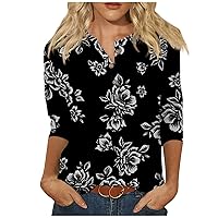 Womens Tops 3/4 Sleeve Shirts Crew Neck Loose Casual Blouses