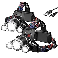 WdtPro Headlamp Rechargeable High Lumes, 2 Pack Lightweight Head Lamp with 3 Powered Bright LED Headlights, 90°Adjustable 4+2 Modes & Tail Lights Waterproof Headlamp for Adult Outdoor Camping Hunting