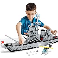 WW2 Military Battleship Building Block Set, Large-SizedCruiser Toy, Military Battle Ship Toy with Helicopter and City Lifeboat, A Gift Compatible with Lego Sets for Boys 8-14 & Adults (910pcs)