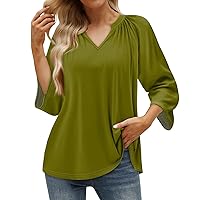 3/4 Length Sleeve Womens Tops,Woman Casual V Neck Summer Shirts Loose Fit Three Quarter Length Sleeve Tee Blouses