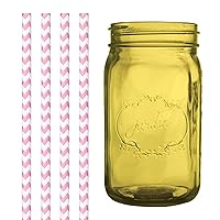 Dress My Cupcake Amber Yellow Vintage Jardin Mason Jar with Bubblegum Pink Chevron Straws, 32-Ounce