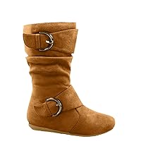 Klein-70K Girl's Kid's Faux Suede Two Buckle Zipper Flat Heel Mid Calf Slouchy Boot Shoes