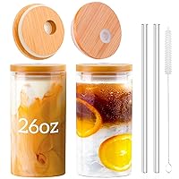 Glass Cups with Lids and Straws, Drinking Glasses with Bamboo Lids and Glass Straw, 26 OZ Clear Iced Coffee Glasses, Aesthetic Cute Glass Tumbler for Smoothie, Water, Juice, Boba Tea - 2 Pack
