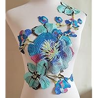 1pcs Flower Large Water Soluble Embroideried Fabric National Trend Applique Patch Sew Clothes Accessories (Blue E)