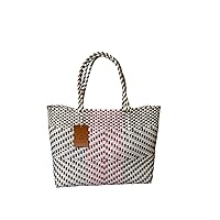 Designs Handwoven Super Tote Bag for Women | Recycled Plastic Shoulder Purse | Summer Beach, Pool, and Travel Handbag (White Pink & Gold)