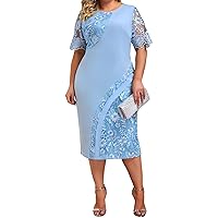 Women's Embroidered Lace Formal Cocktail Party Midi Dress Plus Size Short Sleeve Wedding Guest Dress