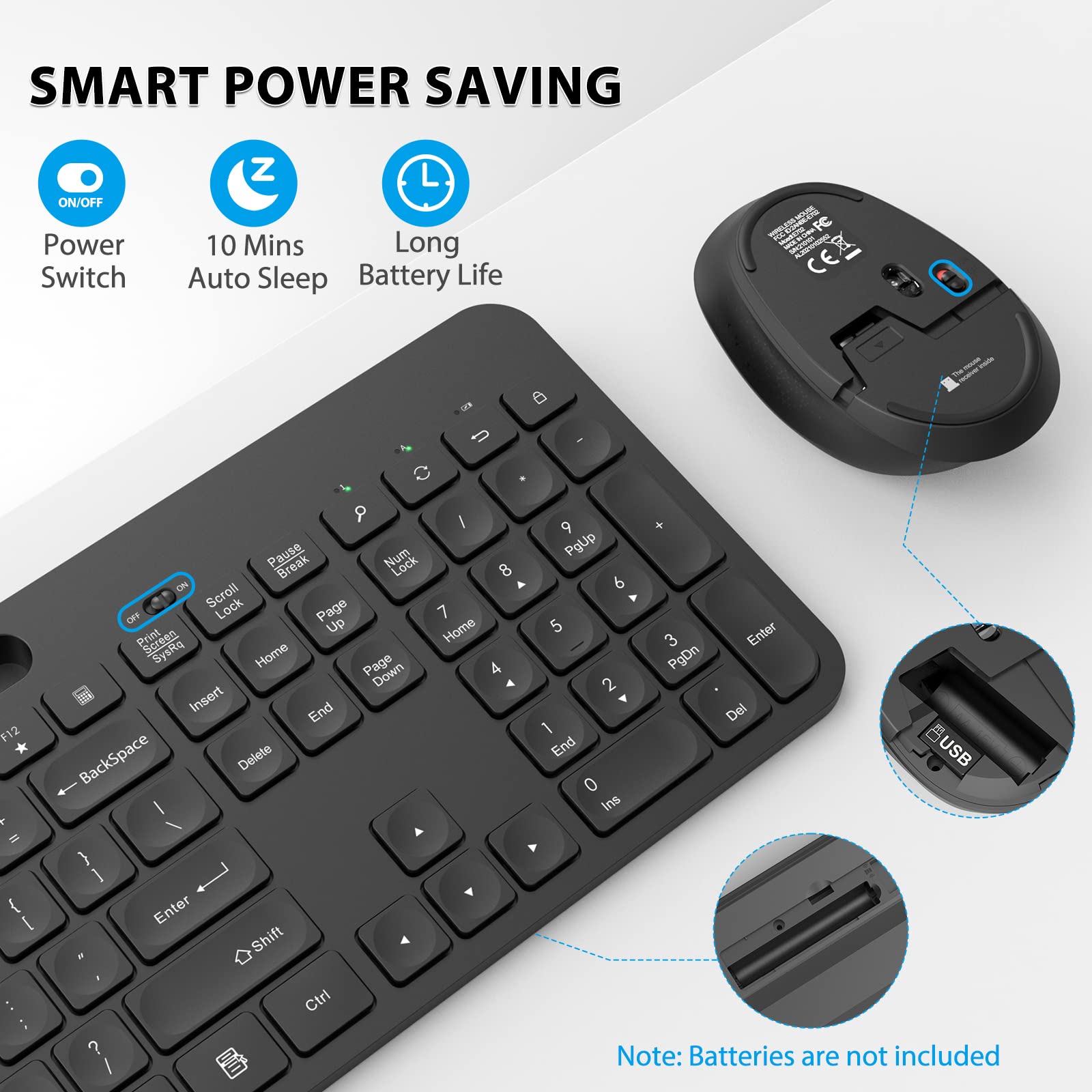 Wireless Keyboard and Mouse Combo, WisFox 2.4GHz Ergonomic USB Keyboard with Phone Holder, Full Size Keyboard and Mouse Set for Computer, Laptop and Desktop(Black)