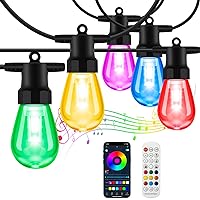 Outdoor String Lights Color Changing - 48FT Sync with Music Led Patio Lights Outdoor Waterproof with App and Remote Hanging 15 RGB Bulb Create Ambience for Garden, Cafe, Backyard, Christmas, Party