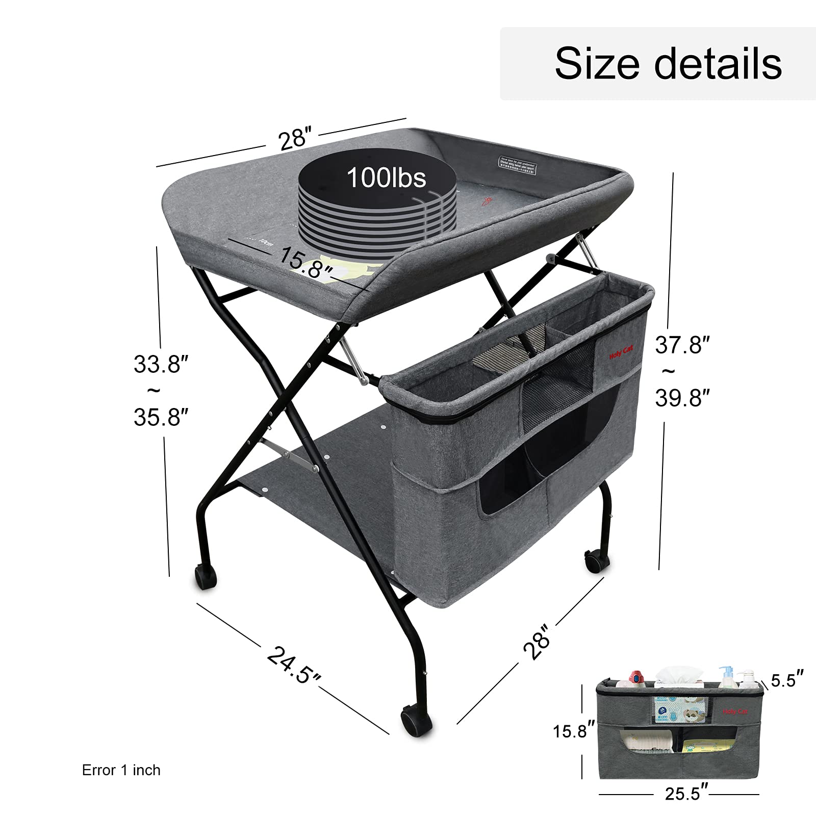 Holy Cat Baby Portable Changing Table with Wheels Adjustable Height Folding Infant Diaper Station Mobile Nursery Stand with Newborn Lightweight Large Storage Rack - Grey
