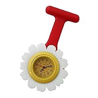 Unisex-Adult Daisy Floral Silicone Nurse Doctor Tunic Brooch Watch Extra Battery Red