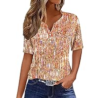 Women's Sparkly Sequin Tops Trendy V Neck Button Down Henley Shirts Short Sleeve Loose Fitting Tunic Blouses