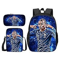 Football Star Rucksack Mbappe Bagpack+Shoulder Bag+Small Case 3Pcs Set-Student Lightweight Book Bag Daily Knapsack